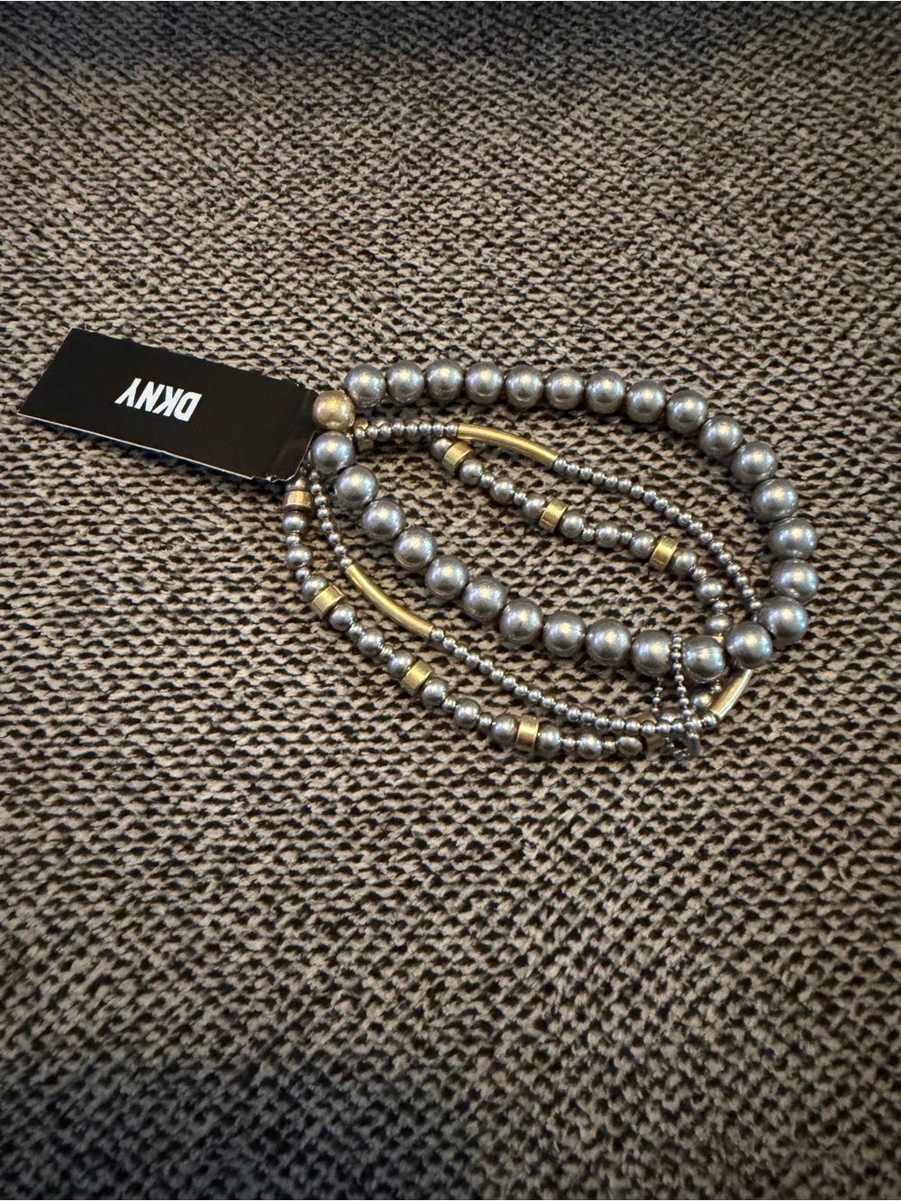 NWT DKNY Gray Beaded Stretch Bracelet Set Gold Tone Accents Layered